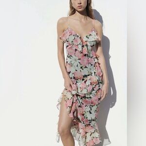 Zara Ruffled Floral Print Asymmetrical Sleeveless Midi Dress | Women’s Medium